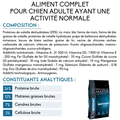 Aliment complet pour chien adulte activité normale. Protéines de volaille déshydratées 25 %, riz, maïs, blé. Constituants analytiques : 26 % protéine brute, 12 % matières grasses brutes.
