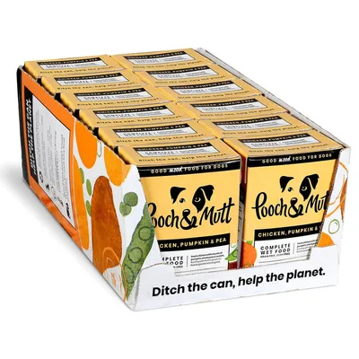 Multipack of Pooch & Mutt chicken, pumpkin and pea complete wet food cartons. Packaging states grain-free, junk-free, and features the message 'Ditch the can, help the planet.'