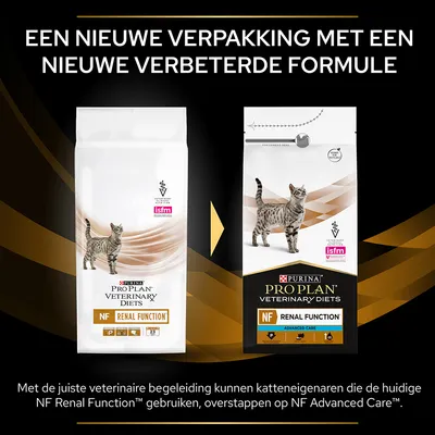 Vergelijking van oude en nieuwe verpakking Purina Pro Plan Veterinary Diets NF Renal Function kattenvoer, met tekst: 'Een nieuwe verpakking met een nieuwe verbeterde formule'.