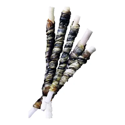 Four twisted chew sticks with a dark outer layer and light inner core, shown on a white background.