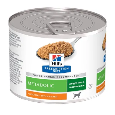 Hill's Prescription Diet Metabolic dog food tin, weight loss & maintenance, flavoured with chicken, veterinarian recommended. Visible text and product branding on can label.