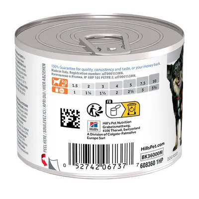 Tabla de raciones diarias según peso del perro: 1,5 kg a 10 kg, Hill's Pet Nutrition, código de barras, dirección en Suiza, instrucciones de reciclaje y texto en inglés e italiano.