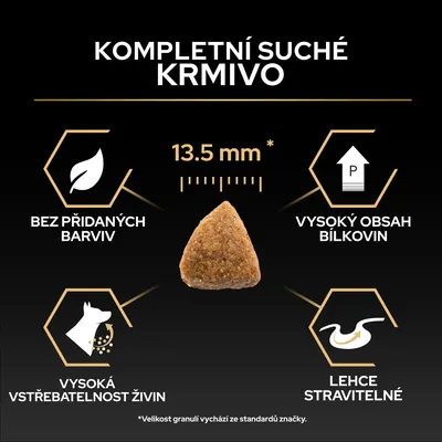 Kompletní granule, 13,5 mm velikost, bez barviv, vysoký obsah bílkovin, vysoká vstřebatelnost živin, lehce stravitelné. Všechny informace jsou přímo viditelné na obrázku.