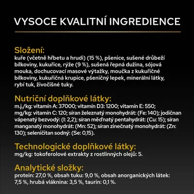 Zloženie: kuracie 15 %, pšenica, hydinové bielkoviny, kukurica, ryža 9 %, repné rezky, sójová múka. Analytické zložky: bielkoviny 27 %, tuk 9 %, surová vláknina 3,5 %, taurín 0,1 %. Zloženie: kuracie 15 %, pšenica, hydinové bielkoviny, kukurica, ryža 9 %, repné rezky, sójová múka. Analytické zložky: bielkoviny 27 %, tuk 9 %, surová vláknina 3,5 %, taurín 0,1 %.