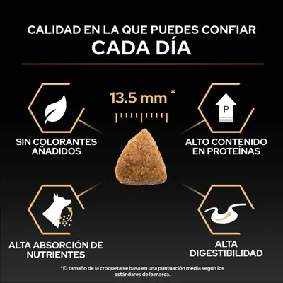 Tamaño de croqueta, 13,5 mm, sin colorantes, alto contenido de proteínas, alta absorción de nutrientes y alta digestibilidad según la imagen. Tamaño de croqueta, 13,5 mm, sin colorantes, alto contenido de proteínas, alta absorción de nutrientes y alta digestibilidad según la imagen.