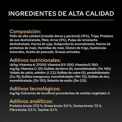 Lista de ingredientes: pollo, trigo, maíz, arroz, harina de soja, aceite de pescado, grasas animales. Nutrientes: proteína 27%, grasa 9%, ceniza bruta 7,5%, fibra bruta 3,5%, taurina 0,1%.