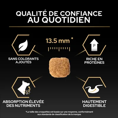 Taille des croquettes 13,5 mm, sans colorants, riche en protéines, absorption élevée des nutriments, facilement digestible. Qualité de confiance au quotidien.