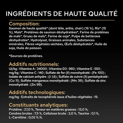 Ingrédients : saumon de haute qualité, riz, maïs, soja, huile de poisson. Additifs : vitamines A, D3, E, C, minéraux. Constituants analytiques : protéine 27 %, matières grasses 13 %, taurine 0,1 %.