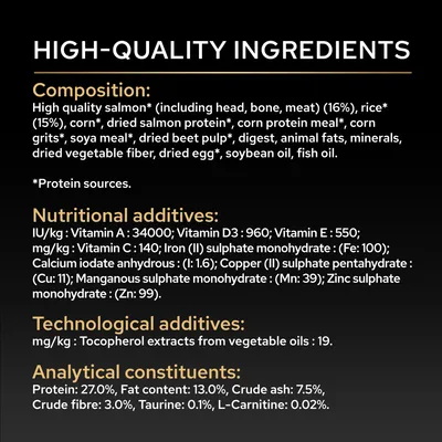 Sammansättning: Lax, ris, majs, torkat laxprotein, vitamin A, D3, E, C, järn, koppar, mangan, zink, tokoferoler, protein 27 %, fett 13 %, taurin 0,1 %.
