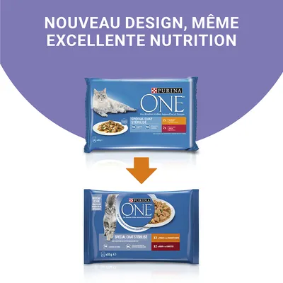 Porównanie starego i nowego opakowania Purina ONE Special Chat Sterilise, tekst po francusku: 'Nouveau design, même excellente nutrition'.