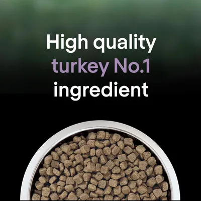 High quality turkey No.1 ingredient, shown above a bowl filled with dry food pieces.