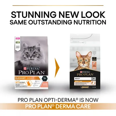 Purina Pro Plan Elegant Adult OptiDerma mijenja naziv u Pro Plan Derma Care Adult. Prikazane su obje ambalaže hrane za mačke s vidljivim brendovima i oznakama.