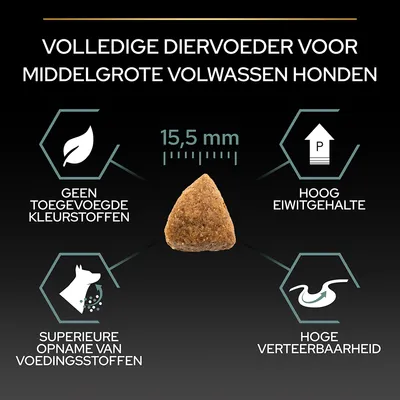 Volledige diervoeder voor middelgrote volwassen honden, brokgrootte 15,5 mm. Geen toegevoegde kleurstoffen, hoog eiwitgehalte, superieure opname van voedingsstoffen, hoge verteerbaarheid.