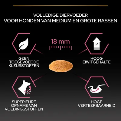 Volledige diervoeder voor honden van medium en grote rassen, brokgrootte 18 mm, geen toegevoegde kleurstoffen, hoog eiwitgehalte, superieure opname voedingsstoffen, hoge verteerbaarheid.