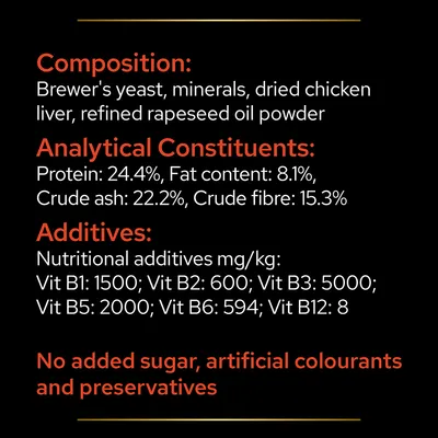 Composition, Analytical Constituents, Additives angol nyelven: összetevők, tápanyag-analízis, vitaminok mennyisége, nincs hozzáadott cukor, mesterséges színezék vagy tartósítószer.