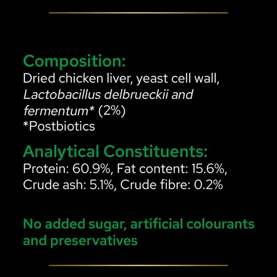 Composition: dried chicken liver, yeast cell wall, Lactobacillus delbrueckii and fermentum 2%. Analytical constituents: protein 60.9%, fat 15.6%, ash 5.1%, fibre 0.2%. No added sugar, artificial colourants or preservatives.