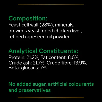 Composition: Yeast cell wall (28%), minerals, brewer's yeast, dried chicken liver, refined rapeseed oil powder. Analytical Constituents: Protein 21,2%, zsír 8,6%, rost 13,9%.