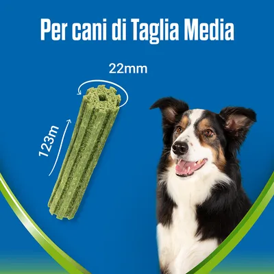 Snack verde per cani di taglia media, lunghezza 123 mm, diametro 22 mm. Testo: Per cani di Taglia Media.