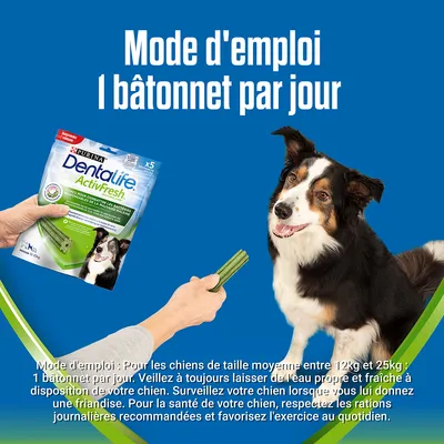 Purina Dentalife ActivFresh, mode d'emploi : 1 bâtonnet par jour pour chiens de taille moyenne 12–25 kg. Toujours laisser de l'eau propre et surveiller le chien lors de la friandise.