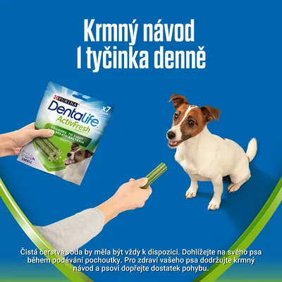 Purina Dentalife ActivFresh, balení 7 tyčinek. Krmný návod: 1 tyčinka denně. Na obrázku pes a ruka podávající zelenou dentální tyčinku. Text o dostupnosti čerstvé vody.