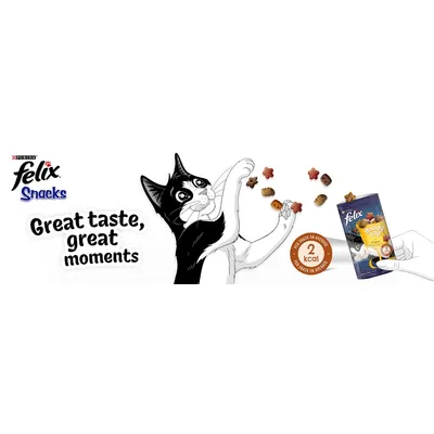 Felix Snacks. Great taste, great moments. Each snack on average 2 kcal. Image shows snacks being tossed from a Felix Goody Bag pack.