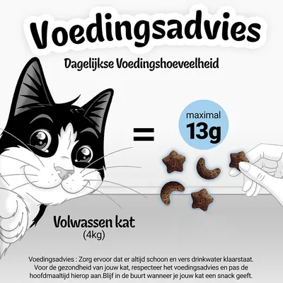 Voedingsadvies volwassen kat (4 kg): dagelijkse hoeveelheid maximaal 13 g. Zorg altijd voor schoon drinkwater en respecteer het voedingsadvies voor de gezondheid van je kat.