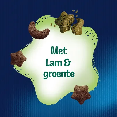 Met lam & groente, tekst op afbeelding met verschillende vormen brokjes zichtbaar.