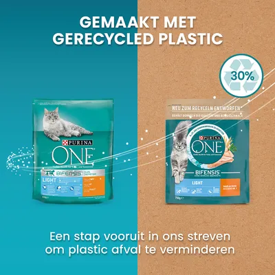 Purina ONE Bifensis Light kattenvoer, verpakking met kat en tekst: Gemaakt met gerecycled plastic, 30%. Een stap vooruit in ons streven om plastic afval te verminderen.