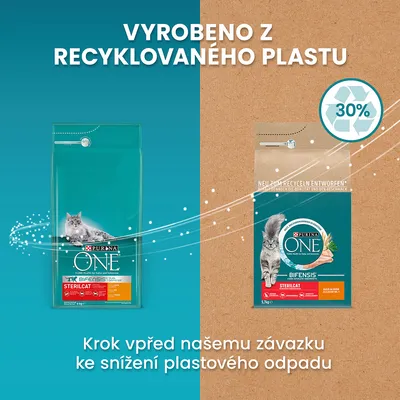 Purina ONE Sterilcat, vyrobeno z recyklovaného plastu, 30 %. Krok vpřed našemu závazku ke snížení plastového odpadu.