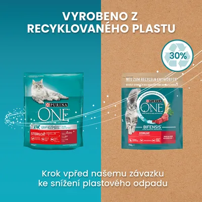 Purina ONE Bifensis Sterilcat, dvě balení s kočkou, nápis: Vyrobeno z recyklovaného plastu, 30 %, krok vpřed našemu závazku ke snížení plastového odpadu.