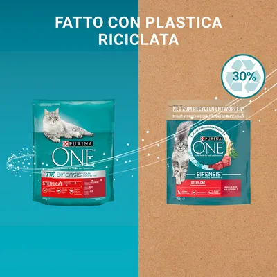 Due confezioni di Purina ONE Bifensis Sterilcat, testo: 'Fatto con plastica riciclata', simbolo riciclo con 30%. Una confezione mostra anche testo in tedesco.