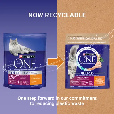Image showing Purina One packaging change to recyclable material, with text stating 'Now recyclable' and 'One step forward in our commitment to reducing plastic waste'.