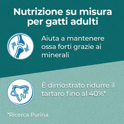 Nutrizione su misura per gatti adulti. Aiuta a mantenere ossa forti grazie ai minerali. È dimostrato ridurre il tartaro fino al 40%. *Ricerca Purina