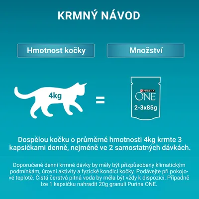 Kŕmny návod: mačka 4 kg = Purina ONE 2–3×85 g denne. Dospelú mačku s hmotnosťou 4 kg kŕmte 3 kapsičkami denne, aspoň v 2 dávkach. Možno nahradiť 1 kapsičku 20 g granúl.