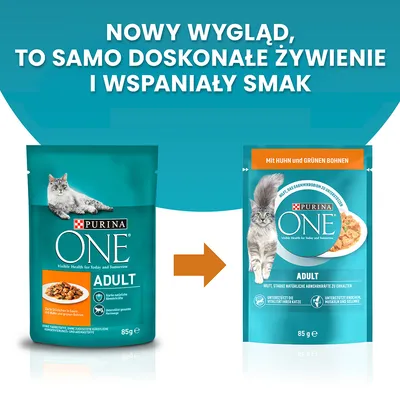 Porównanie starego i nowego opakowania Purina ONE Adult 85 g. Napis: Nowy wygląd, to samo doskonałe żywienie i wspaniały smak.
