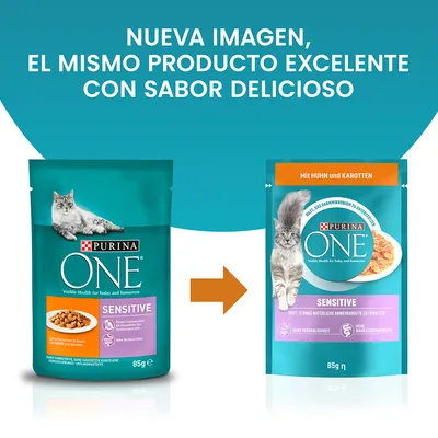 Comparación de dos envases de Purina ONE Sensitive 85 g para gatos, mostrando el cambio de imagen. Texto: 'Nueva imagen, el mismo producto excelente con sabor delicioso'.