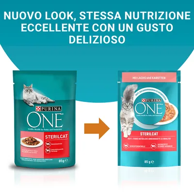 Immagine comparativa di due confezioni Purina ONE Sterilcat 85 g, vecchio e nuovo look. Testo: 'Nuovo look, stessa nutrizione eccellente con un gusto delizioso'.