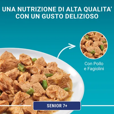 Una nutrizione di alta qualità con un gusto delizioso. Con pollo e fagiolini. Senior 7+.