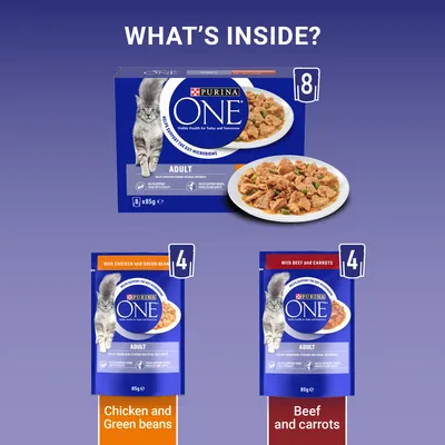 Box contains 8 pouches: 4 with chicken and green beans, 4 with beef and carrots. Each pouch is 85g. Image shows packaging and food on a plate.