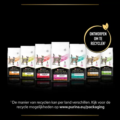 PURINA PRO PLAN Veterinary Diets kattenvoer: OBESITY, HEPATIC, DIABETES, URINARY, GASTROINTESTINAL, RENAL FUNCTION, HYPOALLERGENIC. Ontworpen om te recyclen. Zie www.purina.eu/packaging.