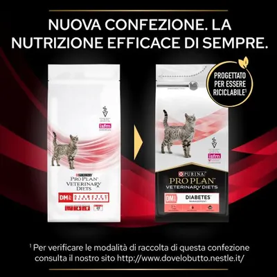 Nuova confezione Purina Pro Plan Veterinary Diets DM Diabetes Management per gatti, progettata per essere riciclabile. Testo: 'Nutrizione efficace di sempre'.