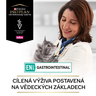 Purina Pro Plan Veterinary Diets, EN St/Ox Gastrointestinal. Veterinární klinické řešení. Cílená výživa postavená na vědeckých základech. ISFM. Kočka v náručí veterináře.