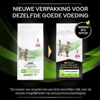 Nieuwe verpakking van Purina Pro Plan Veterinary Diets HA Hypoallergenic kattenvoer, ontworpen om te recyclen. Oude en nieuwe zak met kat en ISFM-logo zichtbaar.
