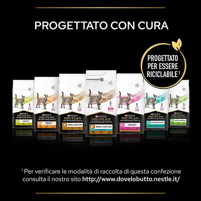 Purina Pro Plan Veterinary Diets per gatti: Hepatic, Obesity, Renal Function, Urinary, Gastrointestinal, Hypoallergenic. Testo: Progettato con cura, progettato per essere riciclabile.