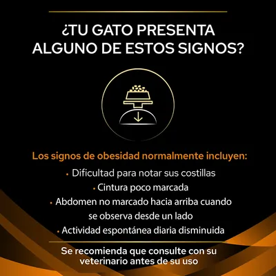 ¿Tu gato presenta alguno de estos signos? Los signos de obesidad incluyen: dificultad para notar costillas, cintura poco marcada, abdomen no marcado, actividad diaria disminuida. Consulte veterinario.