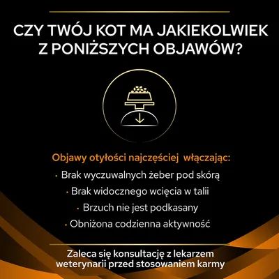 Czy Twój kot ma jakiekolwiek z poniższych objawów? Objawy otyłości: brak wyczuwalnych żeber, brak wcięcia w talii, brzuch nie jest podkasany, obniżona aktywność. Zaleca się konsultację z weterynarzem.