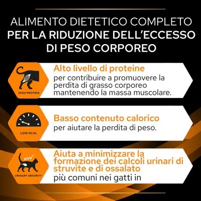 Alimento dietetico completo per la riduzione dell’eccesso di peso corporeo, alto livello di proteine, basso contenuto calorico, aiuta a minimizzare i calcoli urinari nei gatti.