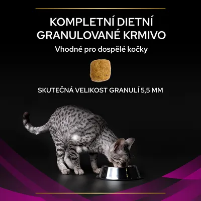 Kompletní dietní granulované krmivo, vhodné pro dospělé kočky. Skutečná velikost granulí 5,5 mm. Zobrazená granule a kočka u misky.