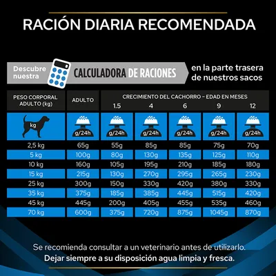 Tabla de ración diaria recomendada para perros según peso corporal y edad en meses. Incluye valores en gramos por día para adultos y cachorros de 2,5 kg a 70 kg. Consulta veterinaria sugerida.