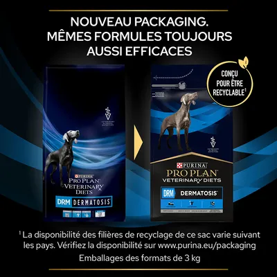 Nouveau packaging PURINA PRO PLAN Veterinary Diets DRM Dermatosis, mêmes formules, conçu pour être recyclable. Emballages des formats de 3 kg visibles, informations sur www.purina.eu/packaging.